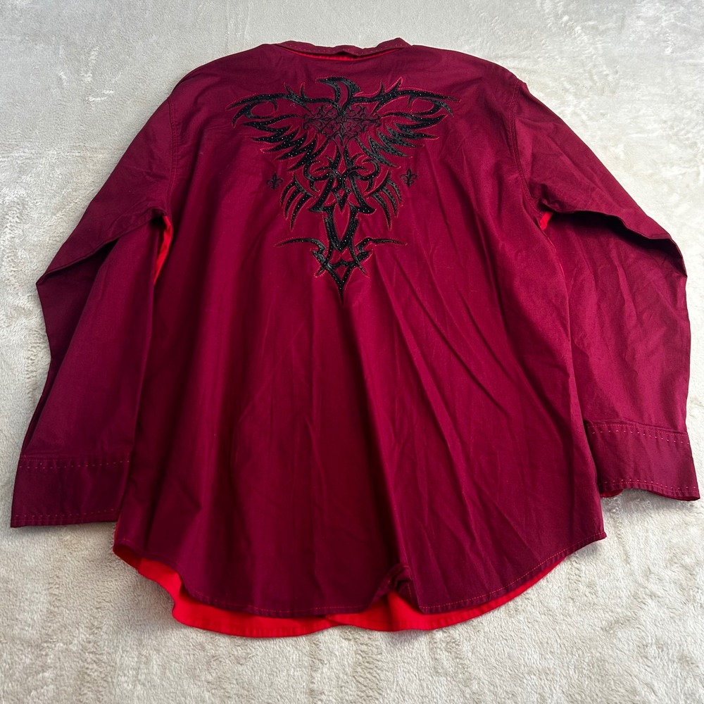 Victorious‎ Men XL Red Burgundy Cyber Y2K Graphic Embroidered Button Up Shirt - Picture 3 of 6